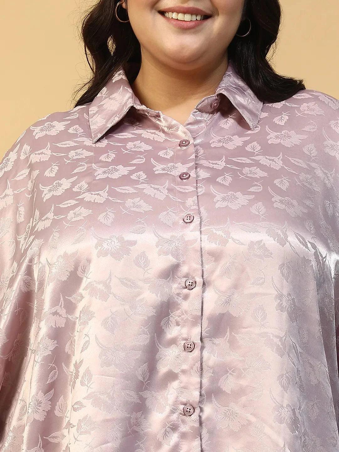Lilac Floral Print Short Sleeve Collared Button Down Plus Size Oversized Shirt - oxolloxo
