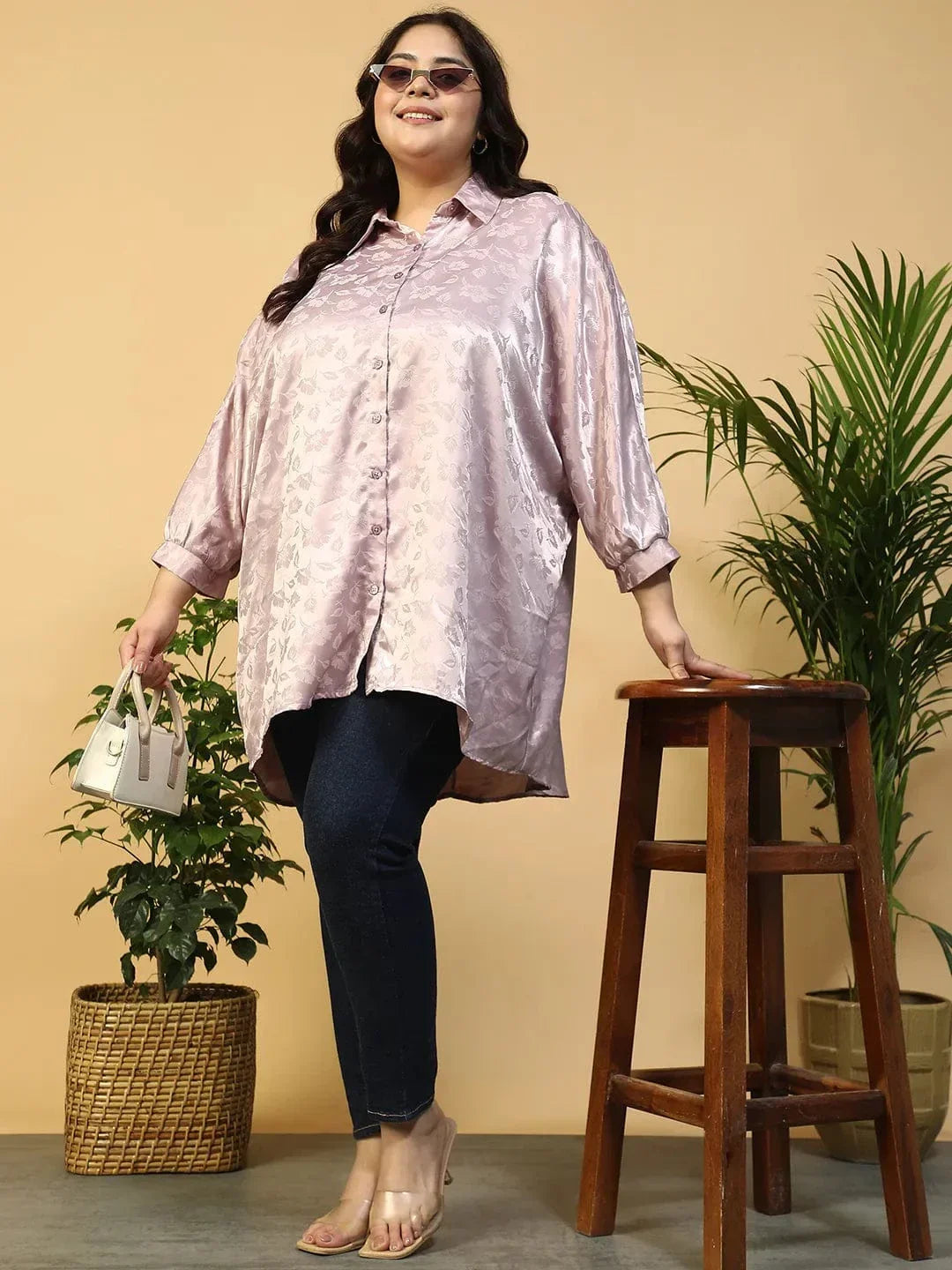 Lilac Floral Print Short Sleeve Collared Button Down Plus Size Oversized Shirt - oxolloxo