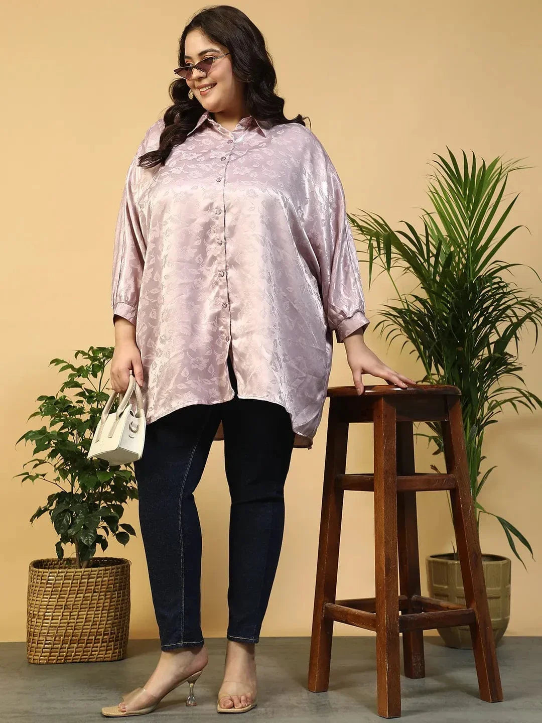 Lilac Floral Print Short Sleeve Collared Button Down Plus Size Oversized Shirt - oxolloxo