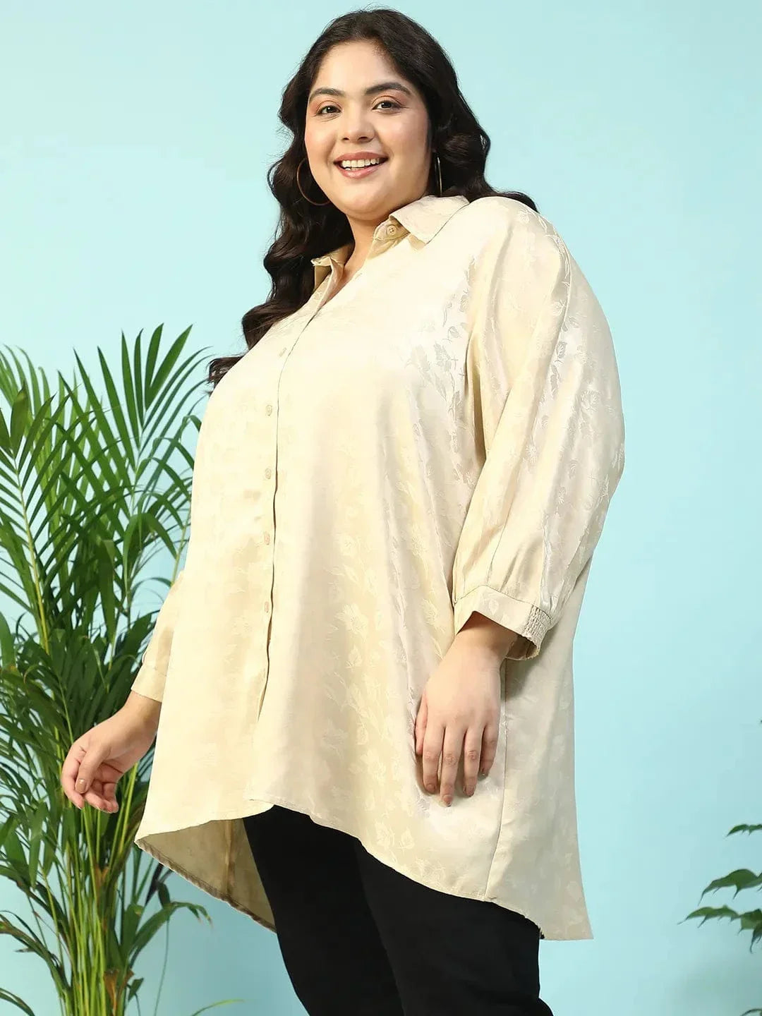 Latte Beige Floral Print Short Sleeve Collared Button Down Plus Size Oversized Shirt - oxolloxo