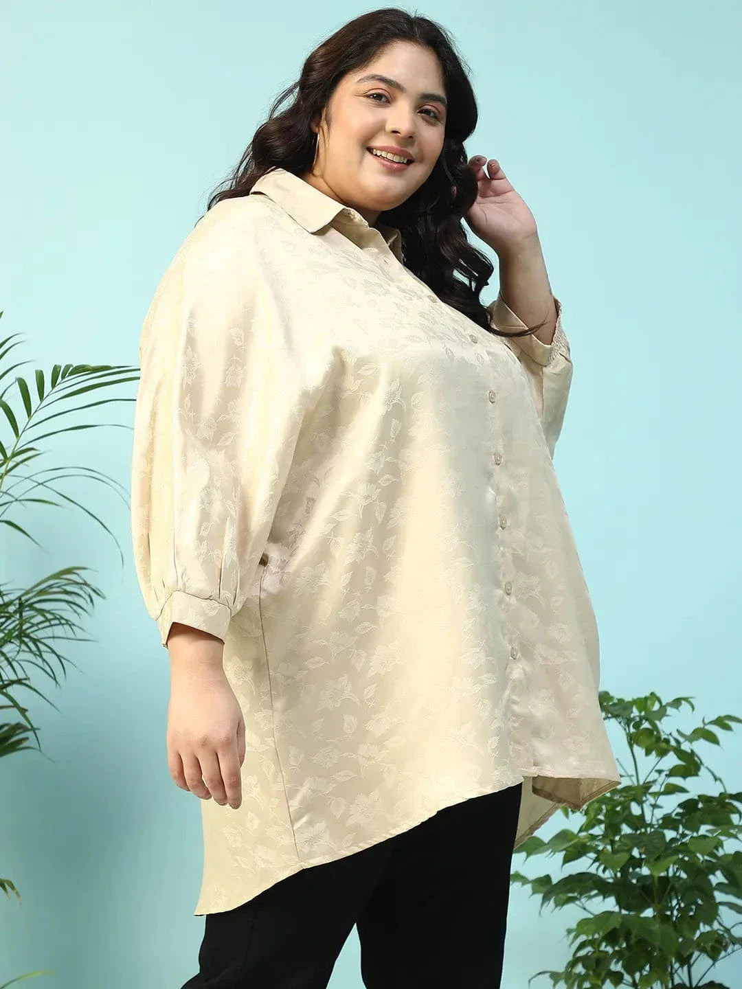 Latte Beige Floral Print Short Sleeve Collared Button Down Plus Size Oversized Shirt - oxolloxo