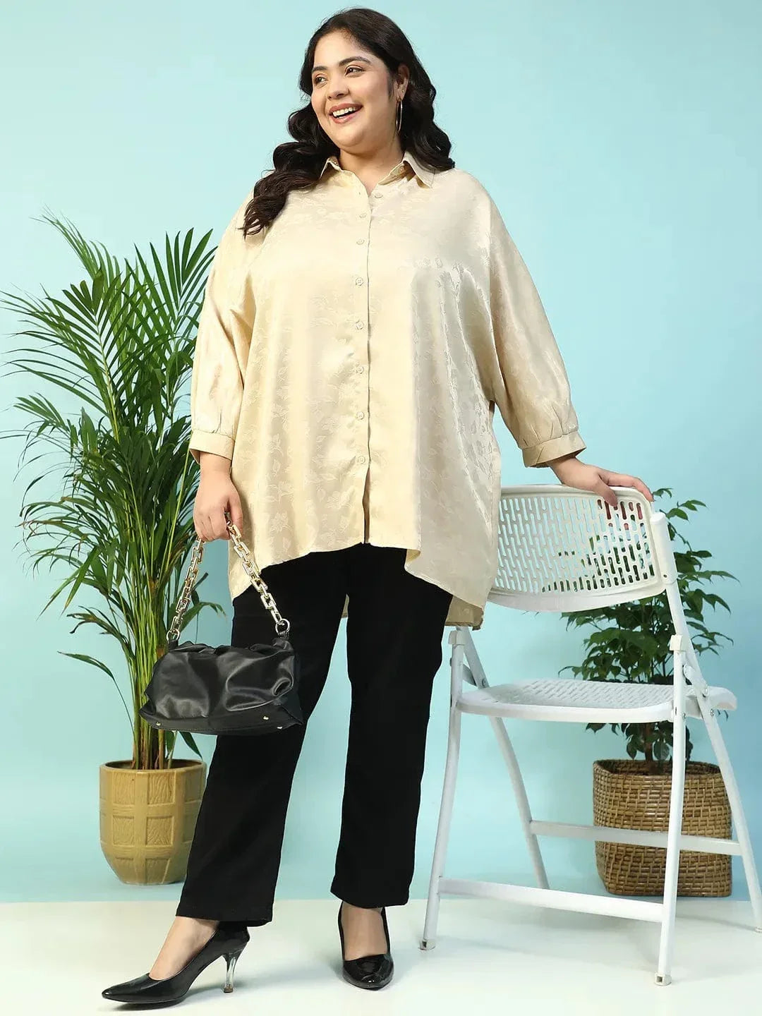 Latte Beige Floral Print Short Sleeve Collared Button Down Plus Size Oversized Shirt - oxolloxo