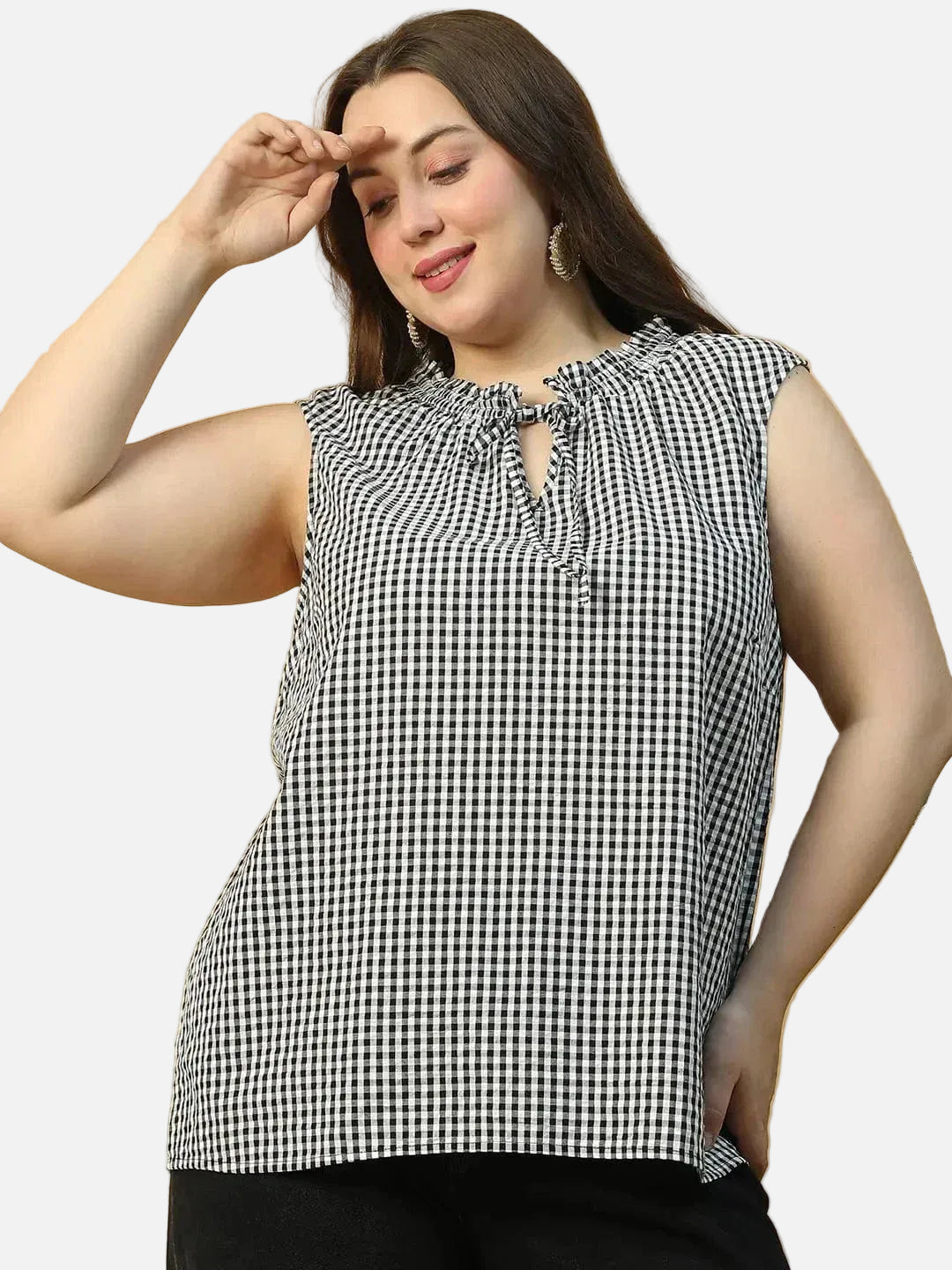 Black Check Print Tie-Up detail Sleeveless Plus Size Women Cotton Top - oxolloxo
