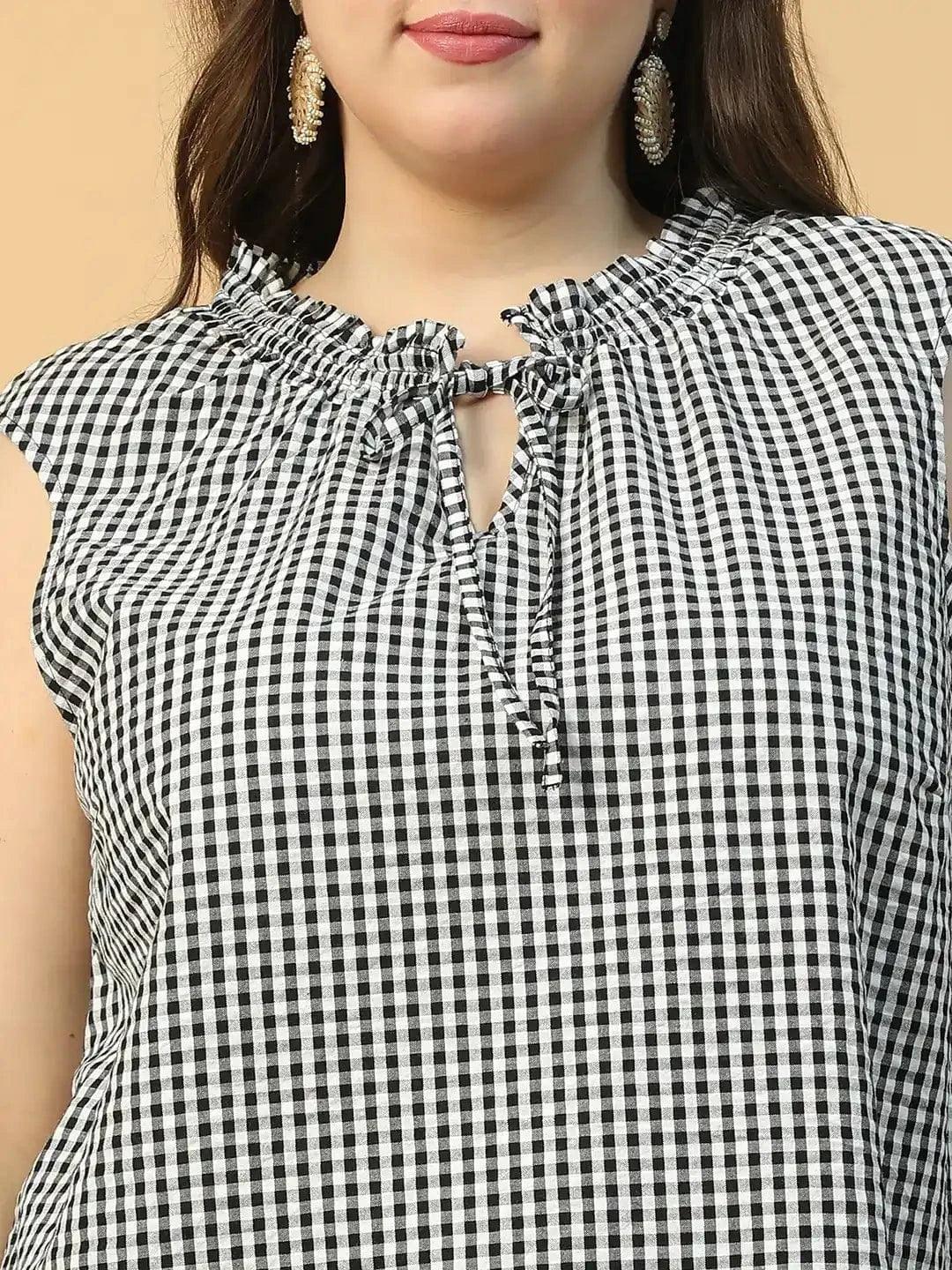 Black Check Print Tie-Up detail Sleeveless Plus Size Women Cotton Top - oxolloxo