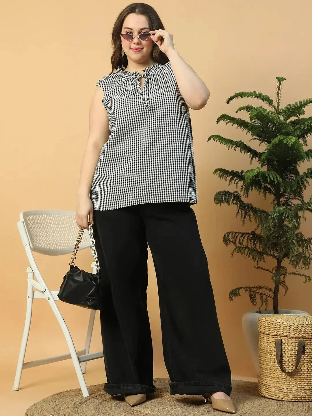 Black Check Print Tie-Up detail Sleeveless Plus Size Women Cotton Top - oxolloxo