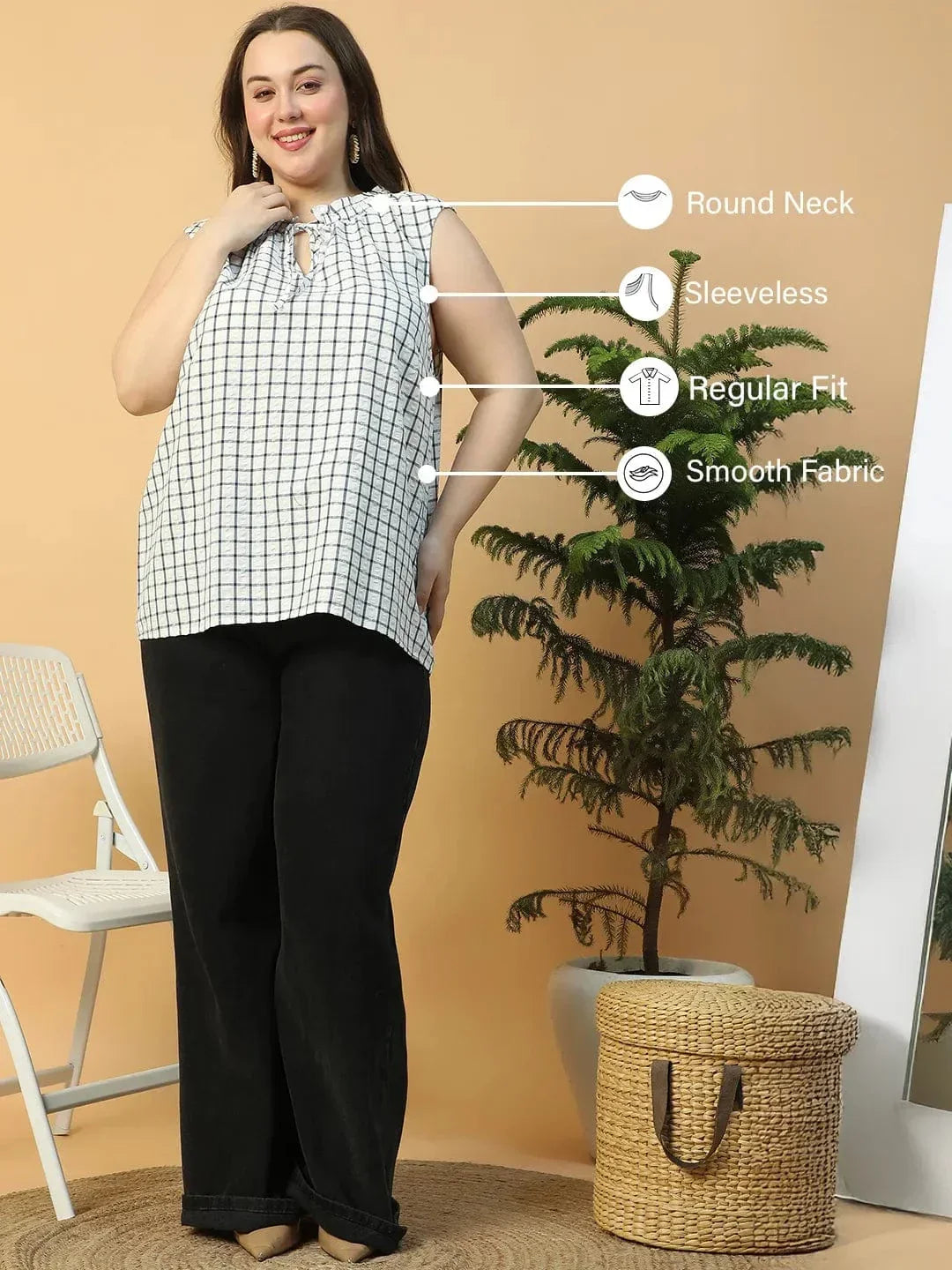 Pinnacle White Check Print Tie-Up detail Sleeveless Plus Size Women Cotton Top - oxolloxo