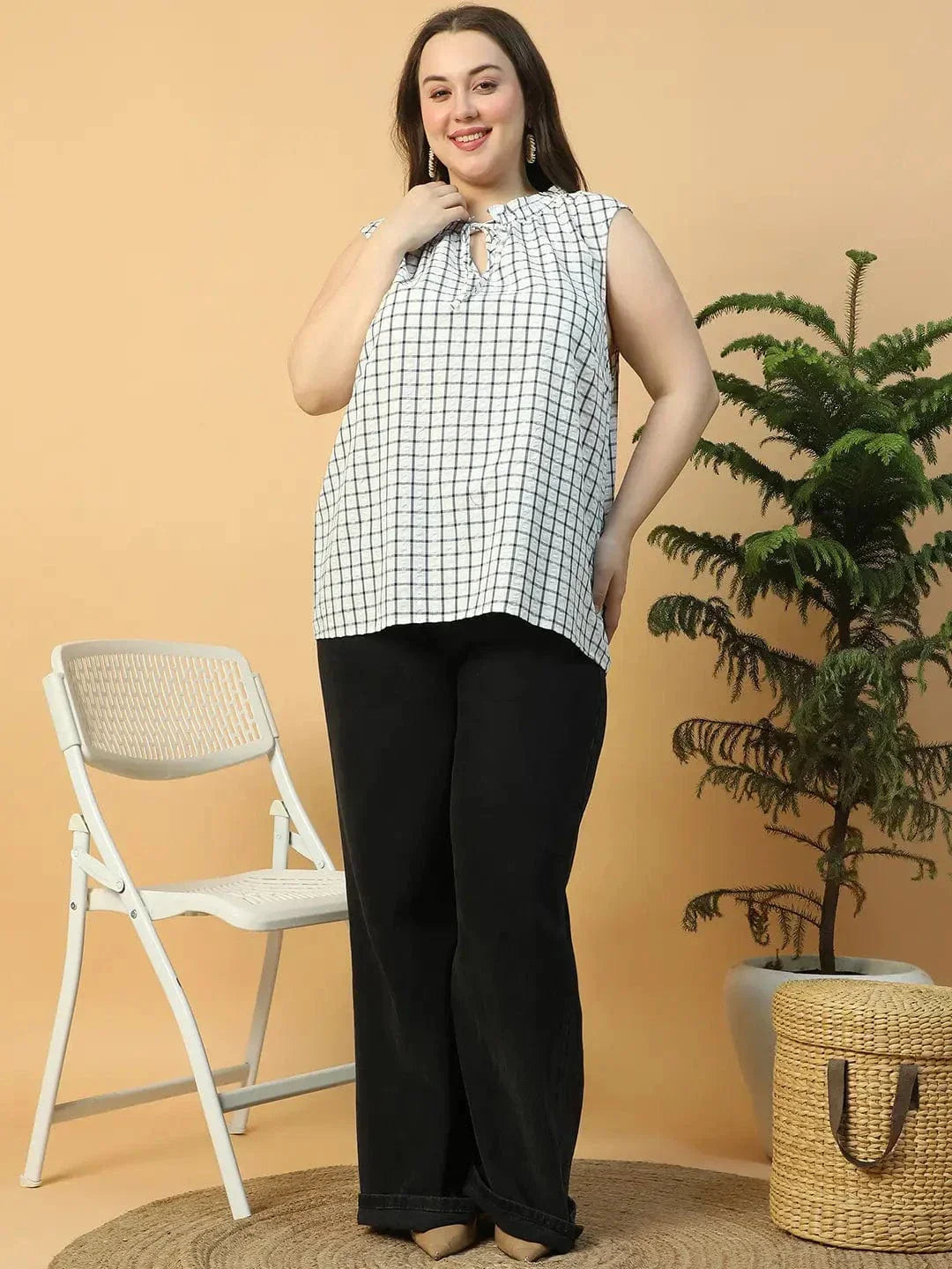 Pinnacle White Check Print Tie-Up detail Sleeveless Plus Size Women Cotton Top - oxolloxo
