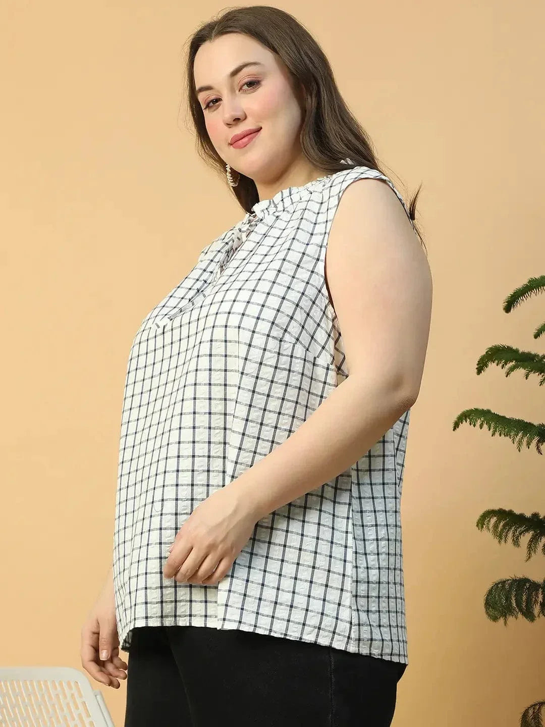 Pinnacle White Check Print Tie-Up detail Sleeveless Plus Size Women Cotton Top - oxolloxo