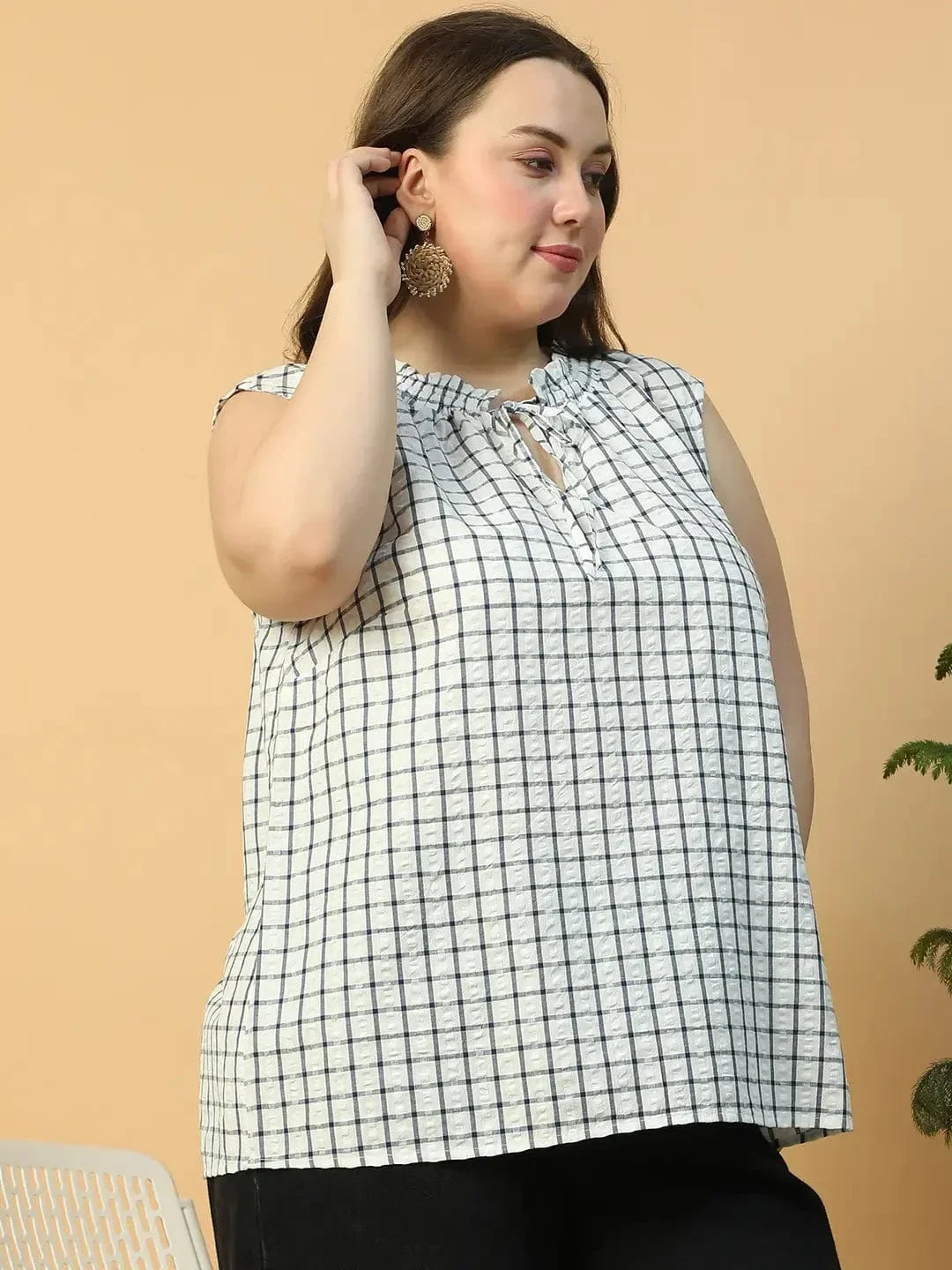 Pinnacle White Check Print Tie-Up detail Sleeveless Plus Size Women Cotton Top - oxolloxo