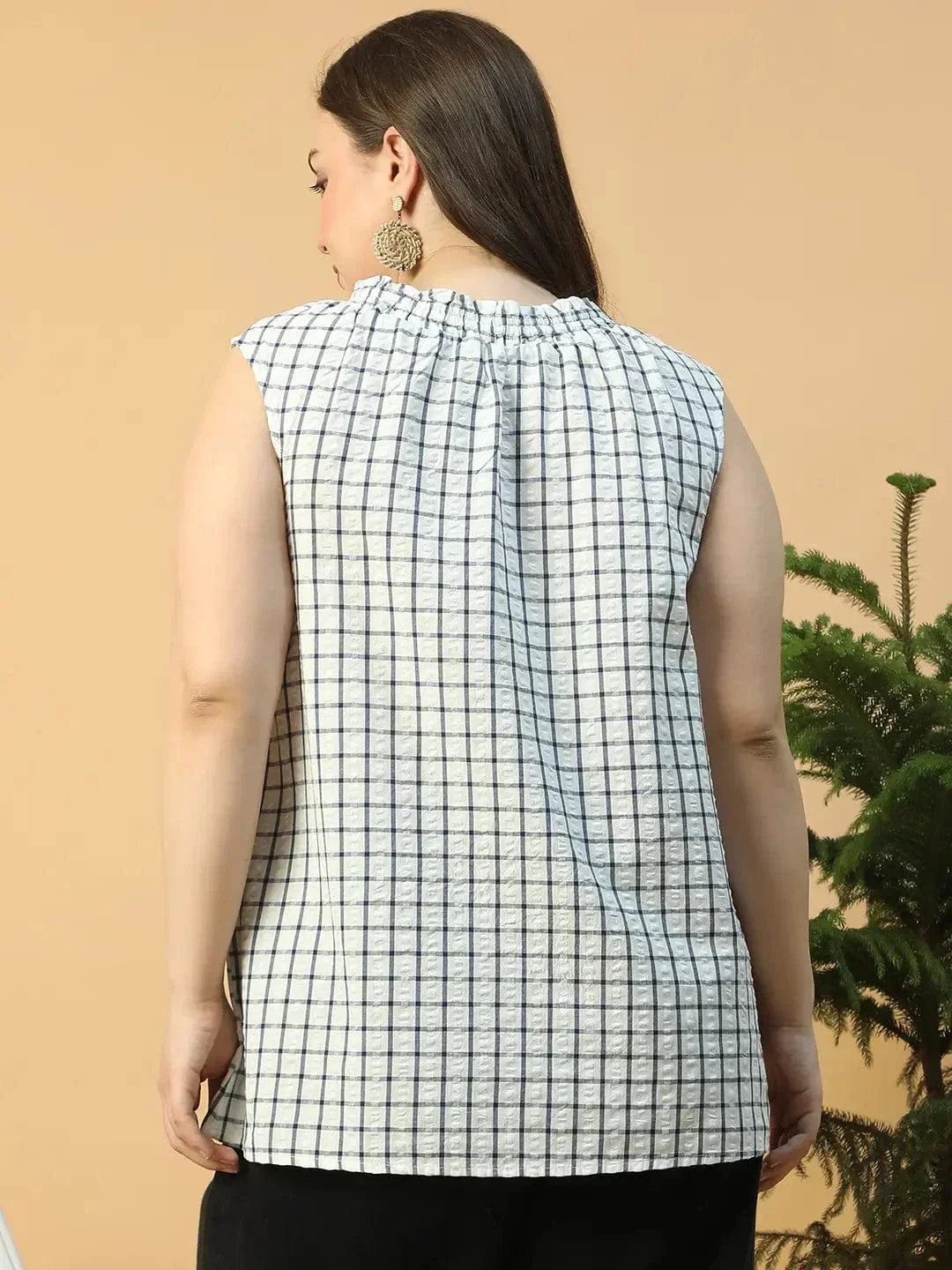 Pinnacle White Check Print Tie-Up detail Sleeveless Plus Size Women Cotton Top - oxolloxo