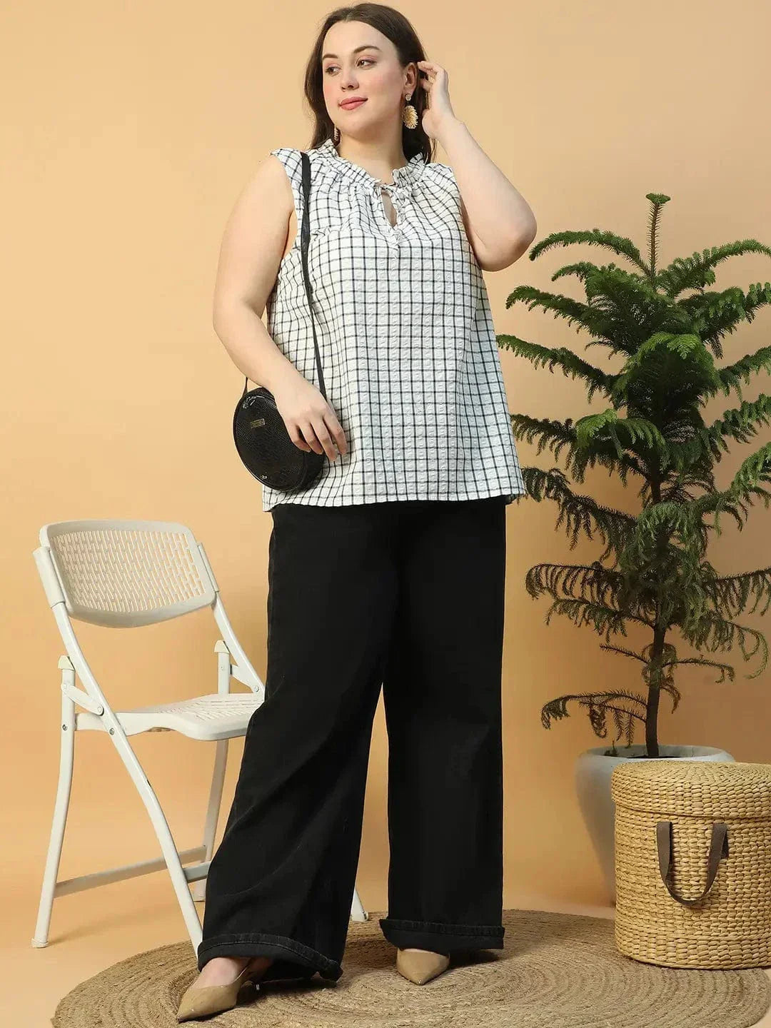 Pinnacle White Check Print Tie-Up detail Sleeveless Plus Size Women Cotton Top - oxolloxo