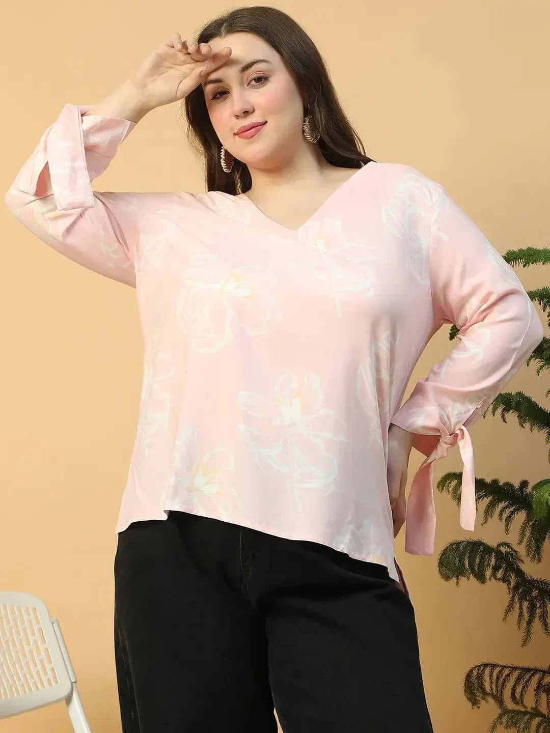 Light Pink Floral Print Long Sleeve With Tie-up Detail Plus Size Women Top - oxolloxo