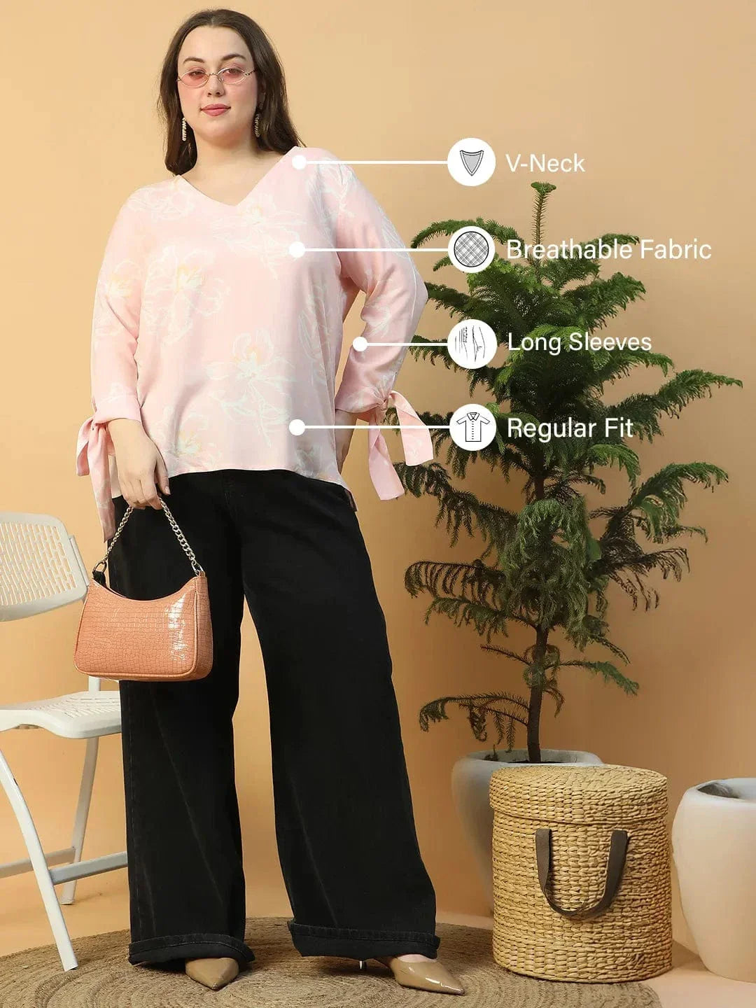 Light Pink Floral Print Long Sleeve With Tie-up Detail Plus Size Women Top - oxolloxo