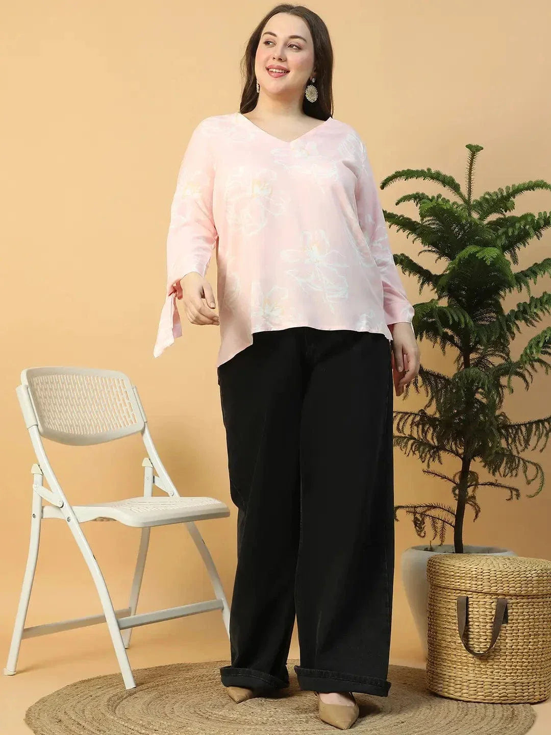 Light Pink Floral Print Long Sleeve With Tie-up Detail Plus Size Women Top - oxolloxo