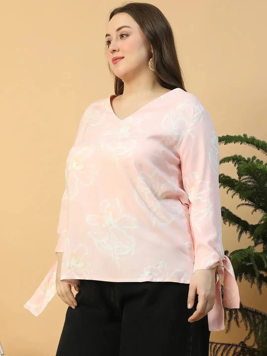 Light Pink Floral Print Long Sleeve With Tie-up Detail Plus Size Women Top - oxolloxo