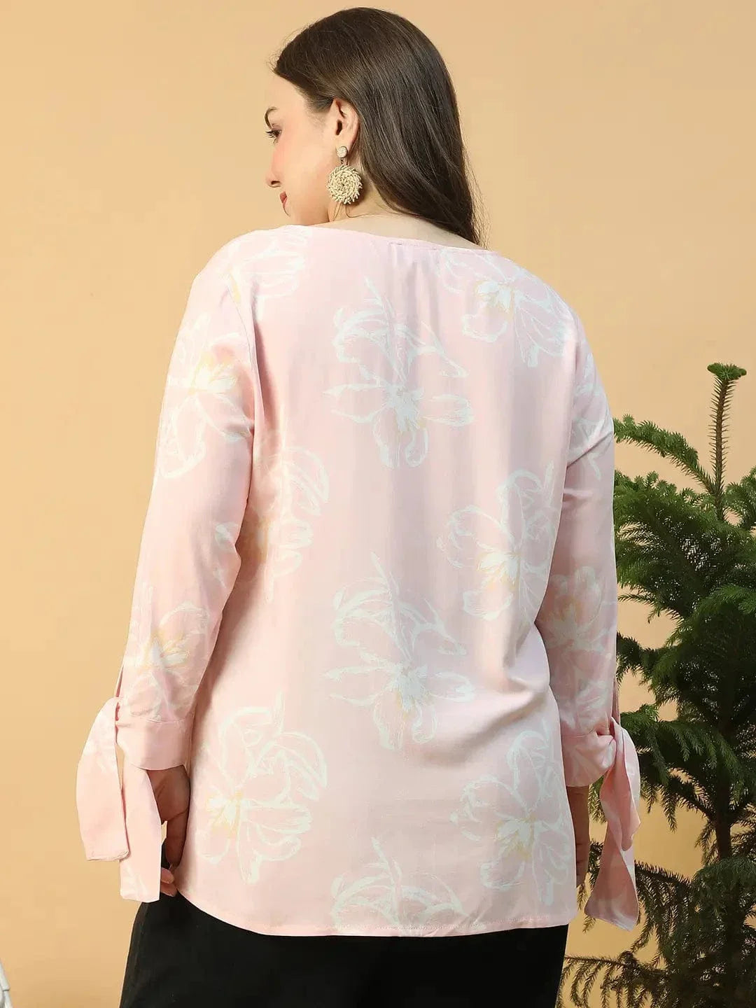 Light Pink Floral Print Long Sleeve With Tie-up Detail Plus Size Women Top - oxolloxo