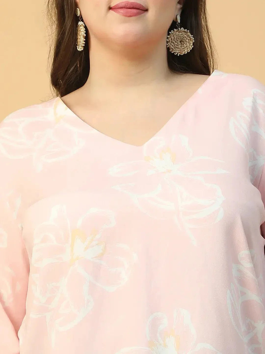 Light Pink Floral Print Long Sleeve With Tie-up Detail Plus Size Women Top - oxolloxo