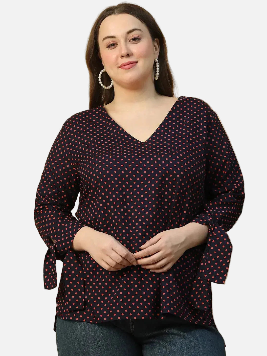 Navy Blue Polka Dot Print Long Sleeve With Tie-up Detail Plus Size Women Top - oxolloxo
