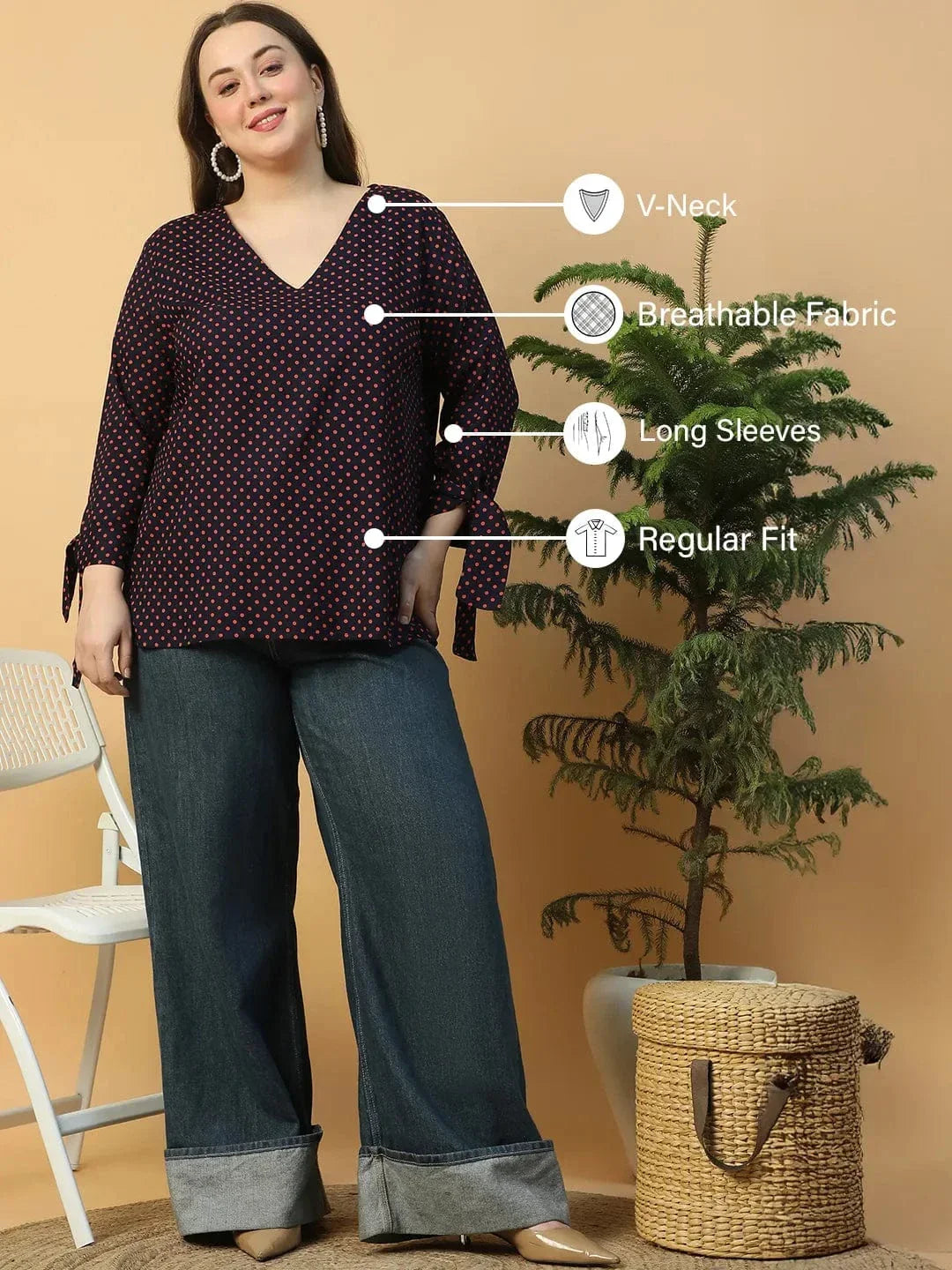 Navy Blue Polka Dot Print Long Sleeve With Tie-up Detail Plus Size Women Top - oxolloxo