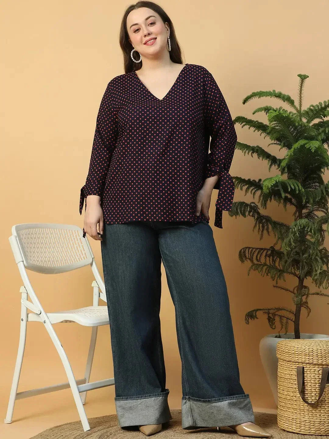 Navy Blue Polka Dot Print Long Sleeve With Tie-up Detail Plus Size Women Top - oxolloxo