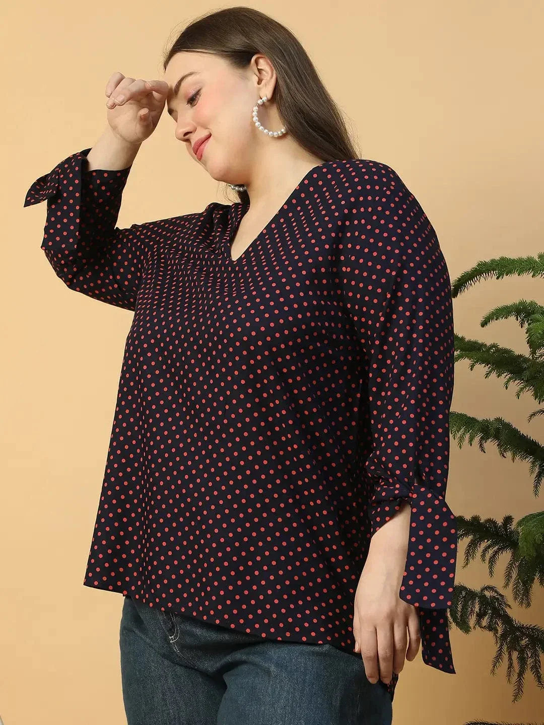 Navy Blue Polka Dot Print Long Sleeve With Tie-up Detail Plus Size Women Top - oxolloxo