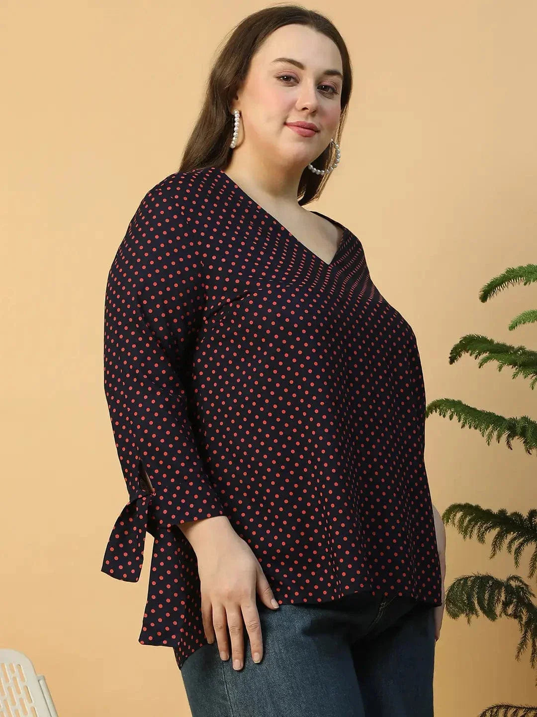 Navy Blue Polka Dot Print Long Sleeve With Tie-up Detail Plus Size Women Top - oxolloxo