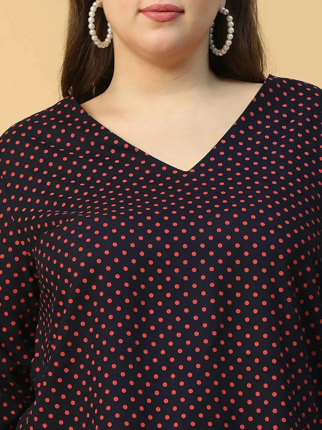 Navy Blue Polka Dot Print Long Sleeve With Tie-up Detail Plus Size Women Top - oxolloxo