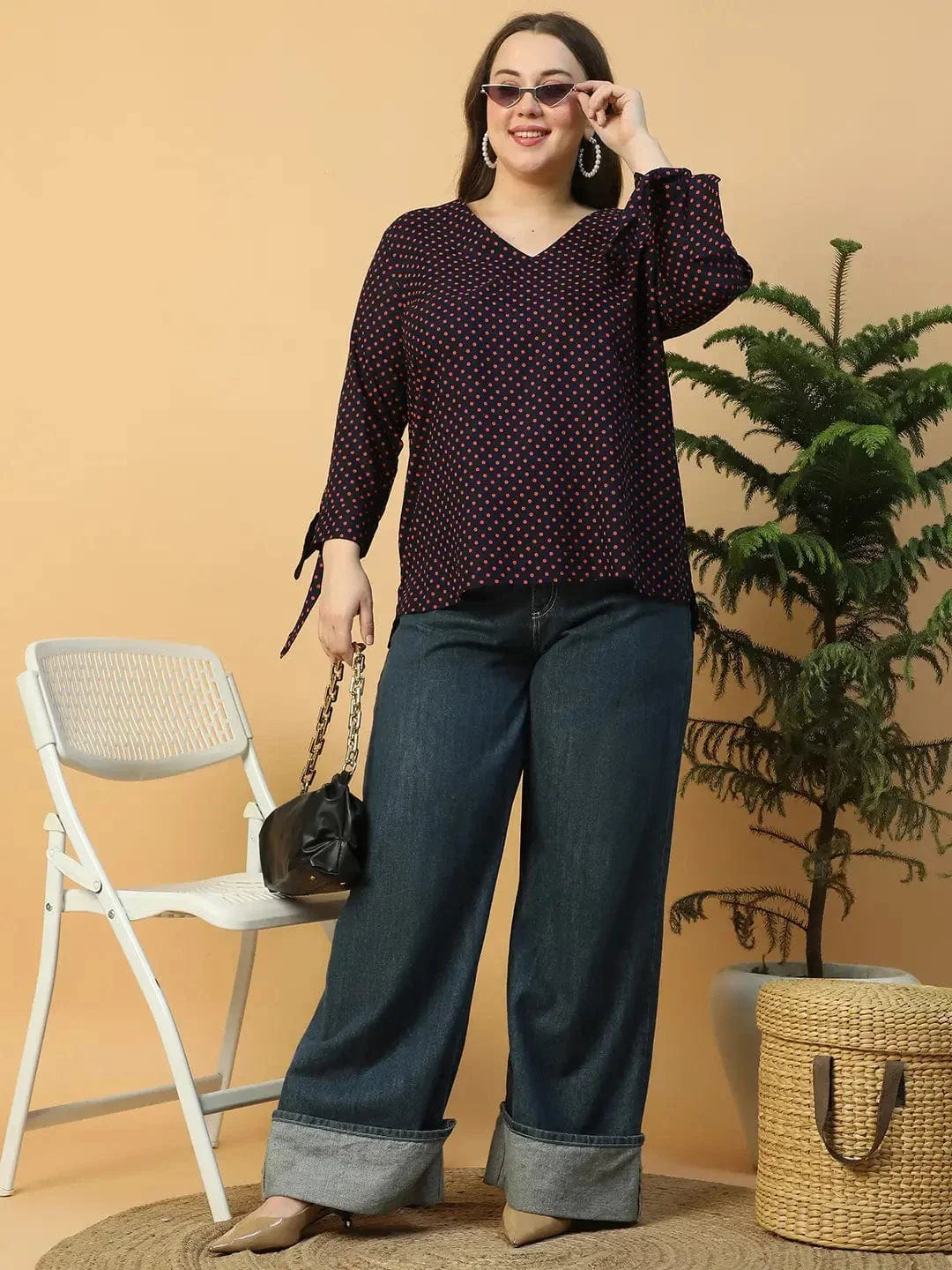 Navy Blue Polka Dot Print Long Sleeve With Tie-up Detail Plus Size Women Top - oxolloxo