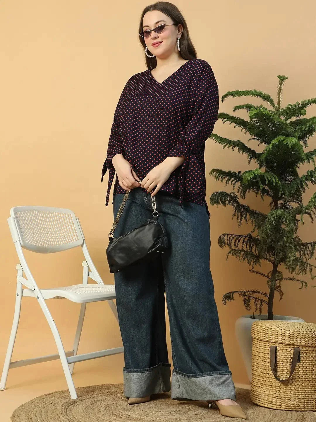 Navy Blue Polka Dot Print Long Sleeve With Tie-up Detail Plus Size Women Top - oxolloxo