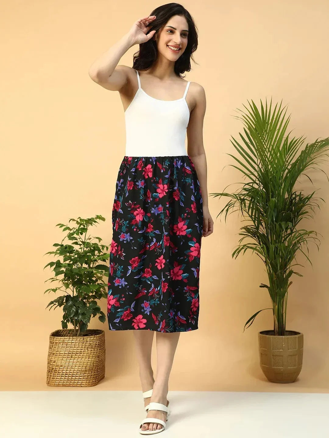 Multicolor Floral Print Elasticated Knee Length Women Satin Skirt - oxolloxo