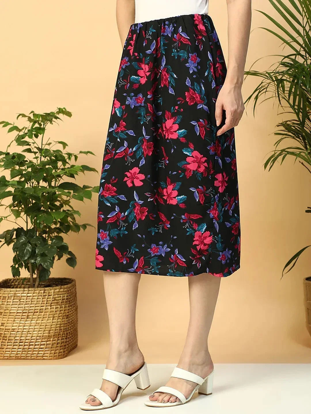 Multicolor Floral Print Elasticated Knee Length Women Satin Skirt - oxolloxo