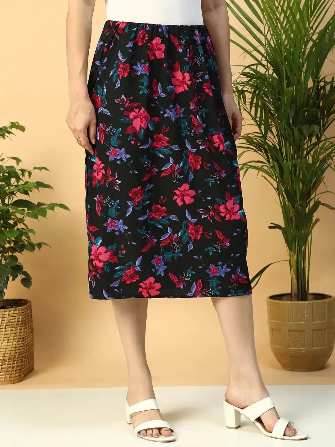 Multicolor Floral Print Elasticated Knee Length Women Satin Skirt - oxolloxo