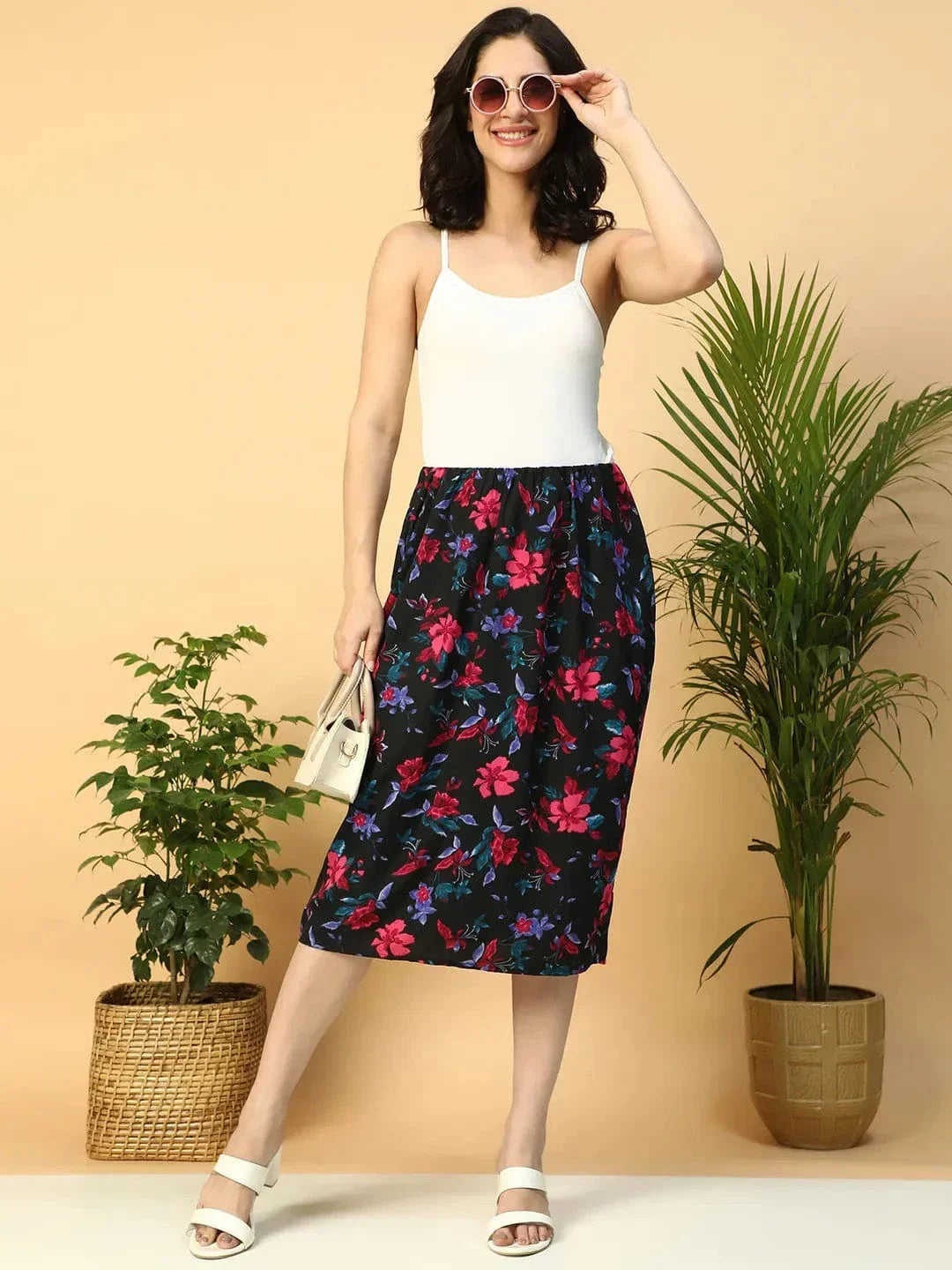 Multicolor Floral Print Elasticated Knee Length Women Satin Skirt - oxolloxo