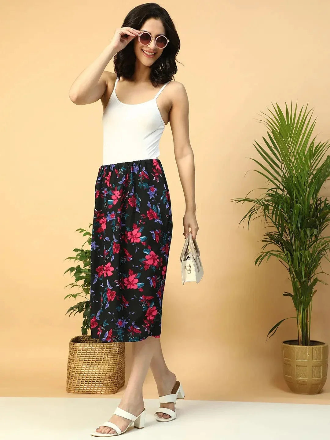 Multicolor Floral Print Elasticated Knee Length Women Satin Skirt - oxolloxo
