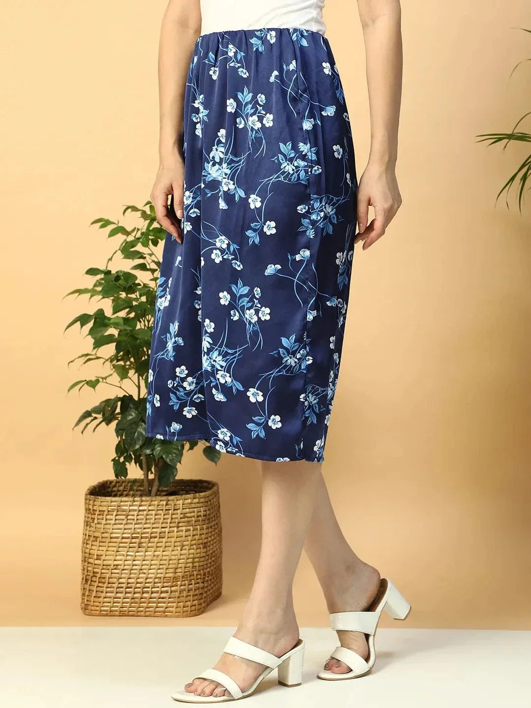 Navy Blue Floral Print Elasticated Knee Length Women Satin Skirt - oxolloxo