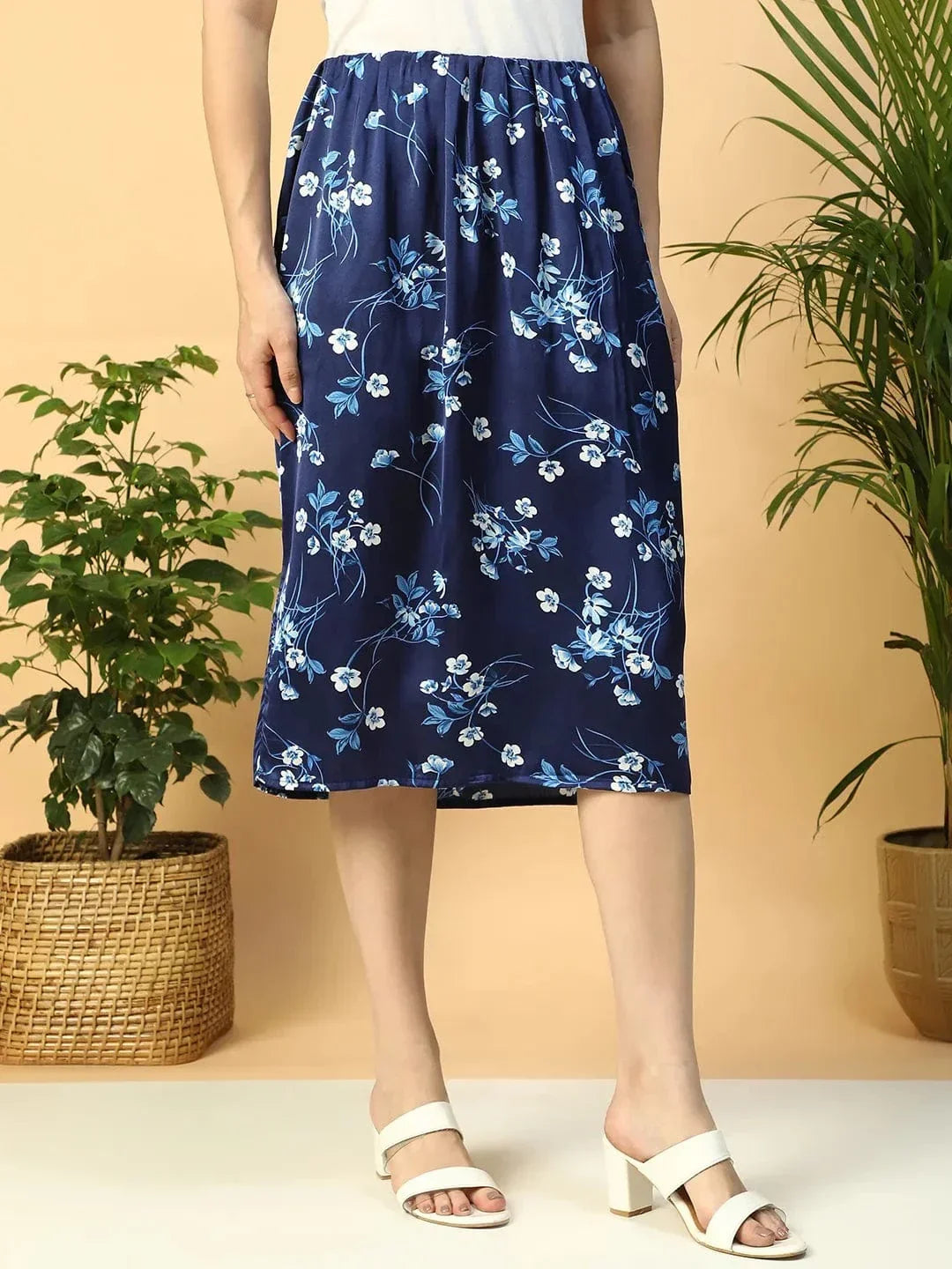 Navy Blue Floral Print Elasticated Knee Length Women Satin Skirt - oxolloxo