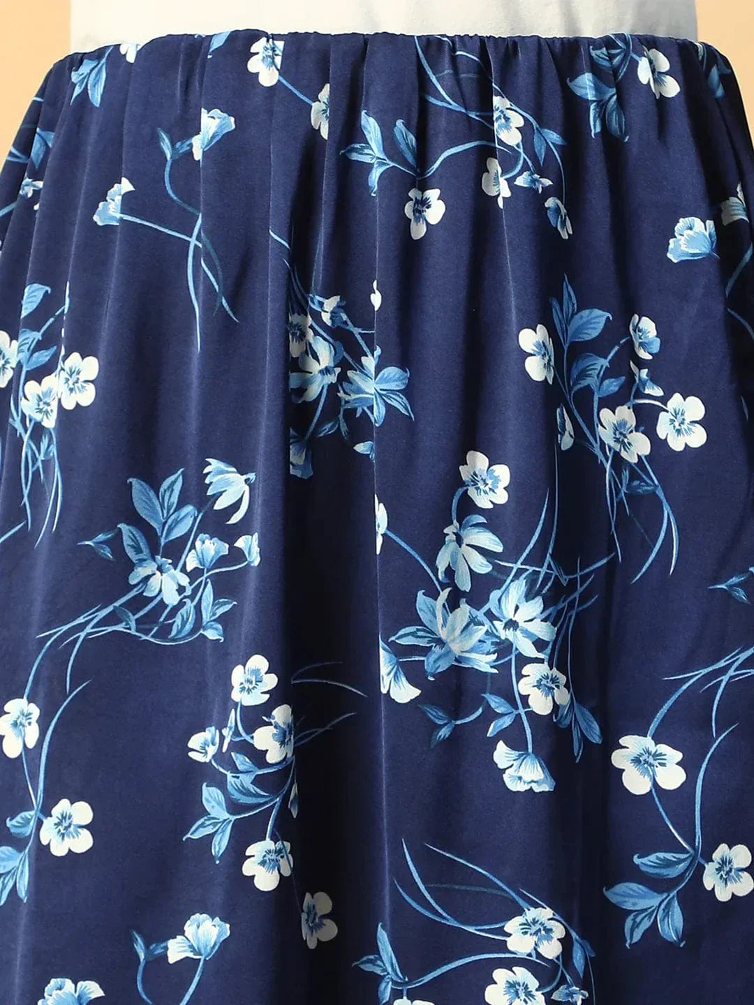 Navy Blue Floral Print Elasticated Knee Length Women Satin Skirt - oxolloxo