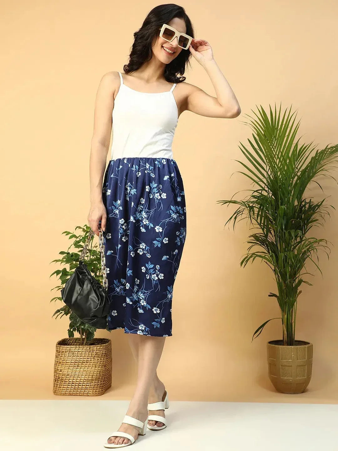 Navy Blue Floral Print Elasticated Knee Length Women Satin Skirt - oxolloxo