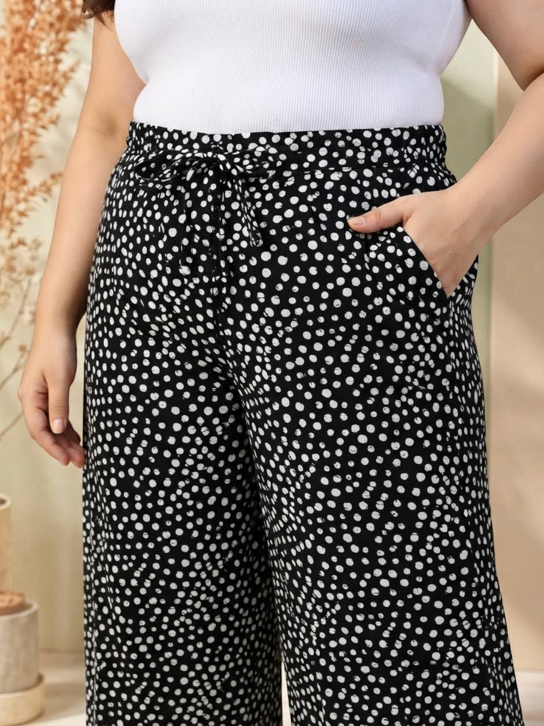 Plus Size Black Polka Dot Cotton Pant