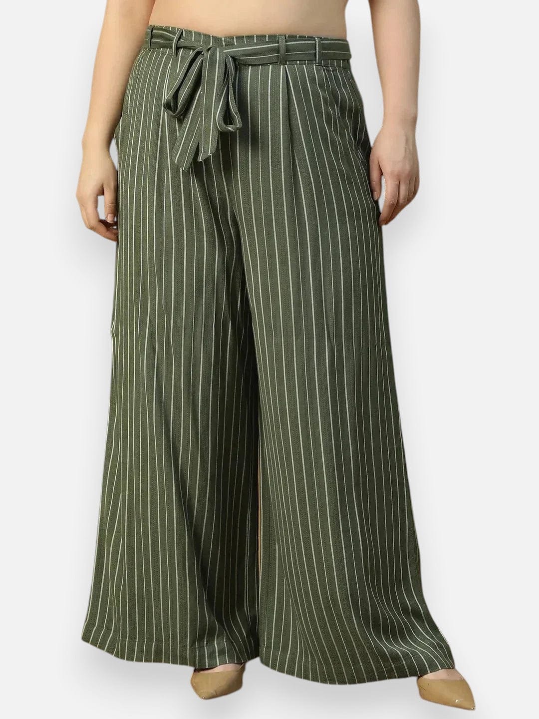 green-elasticated-with-tie-up-waist-belt-stripe-print-straight-plus-size-women-pant