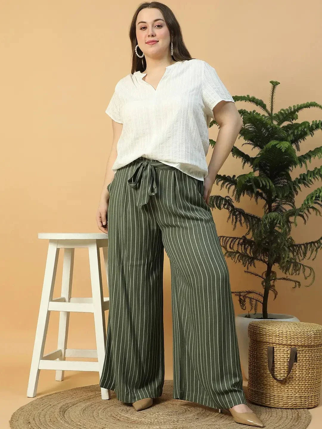 green-elasticated-with-tie-up-waist-belt-stripe-print-straight-plus-size-women-pant