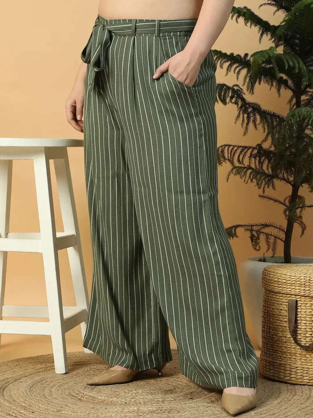 green-elasticated-with-tie-up-waist-belt-stripe-print-straight-plus-size-women-pant