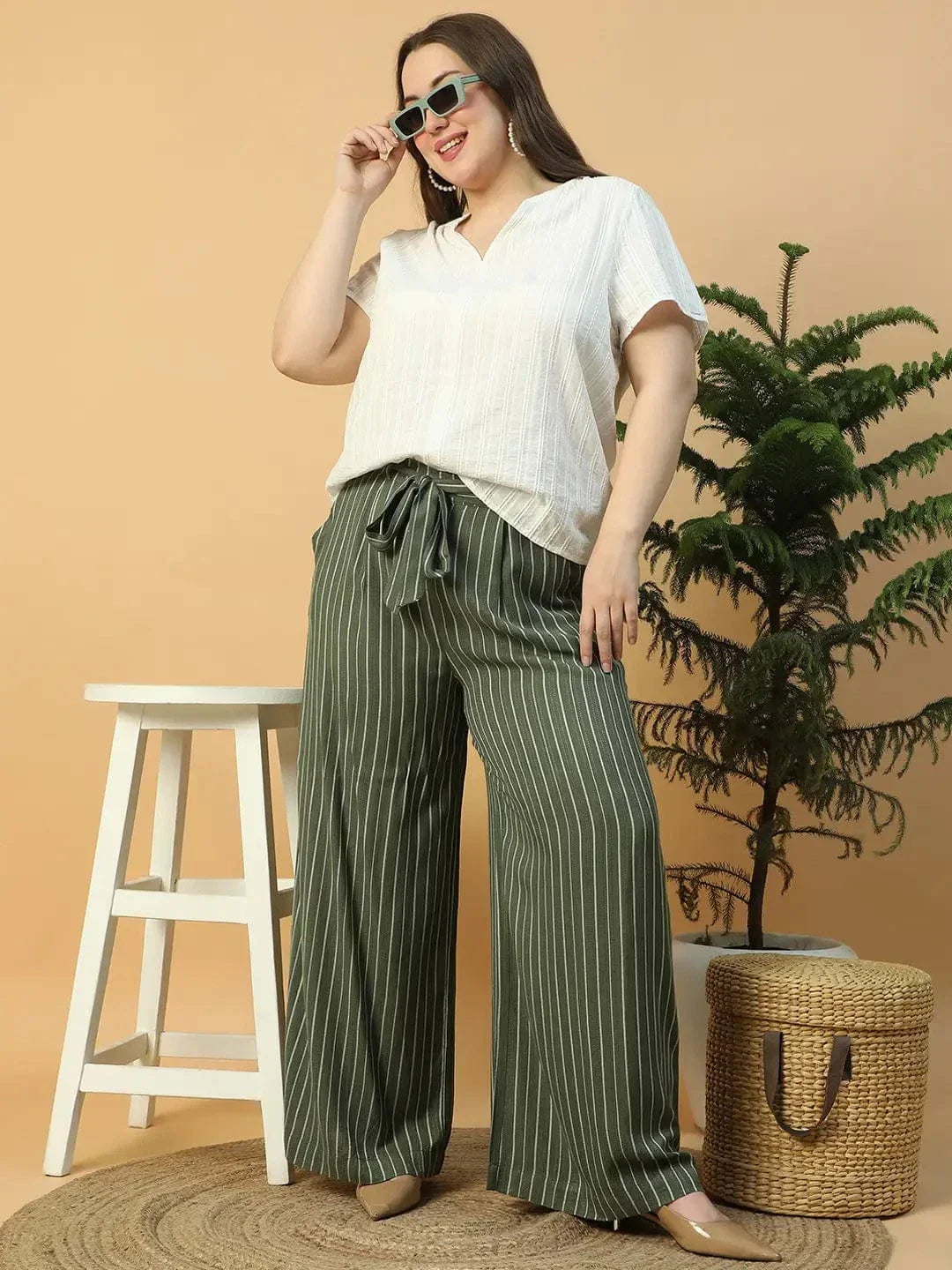 green-elasticated-with-tie-up-waist-belt-stripe-print-straight-plus-size-women-pant