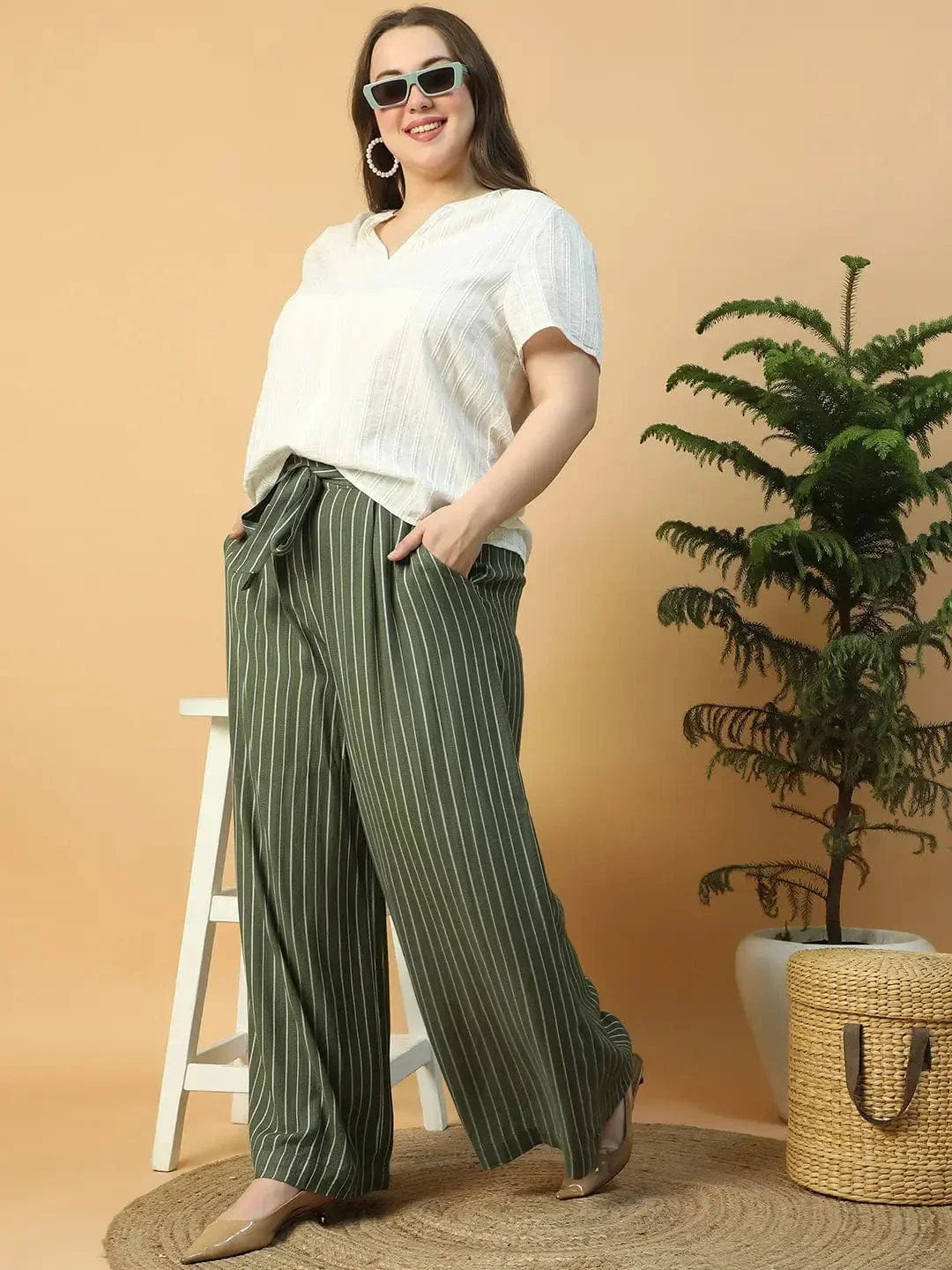 green-elasticated-with-tie-up-waist-belt-stripe-print-straight-plus-size-women-pant