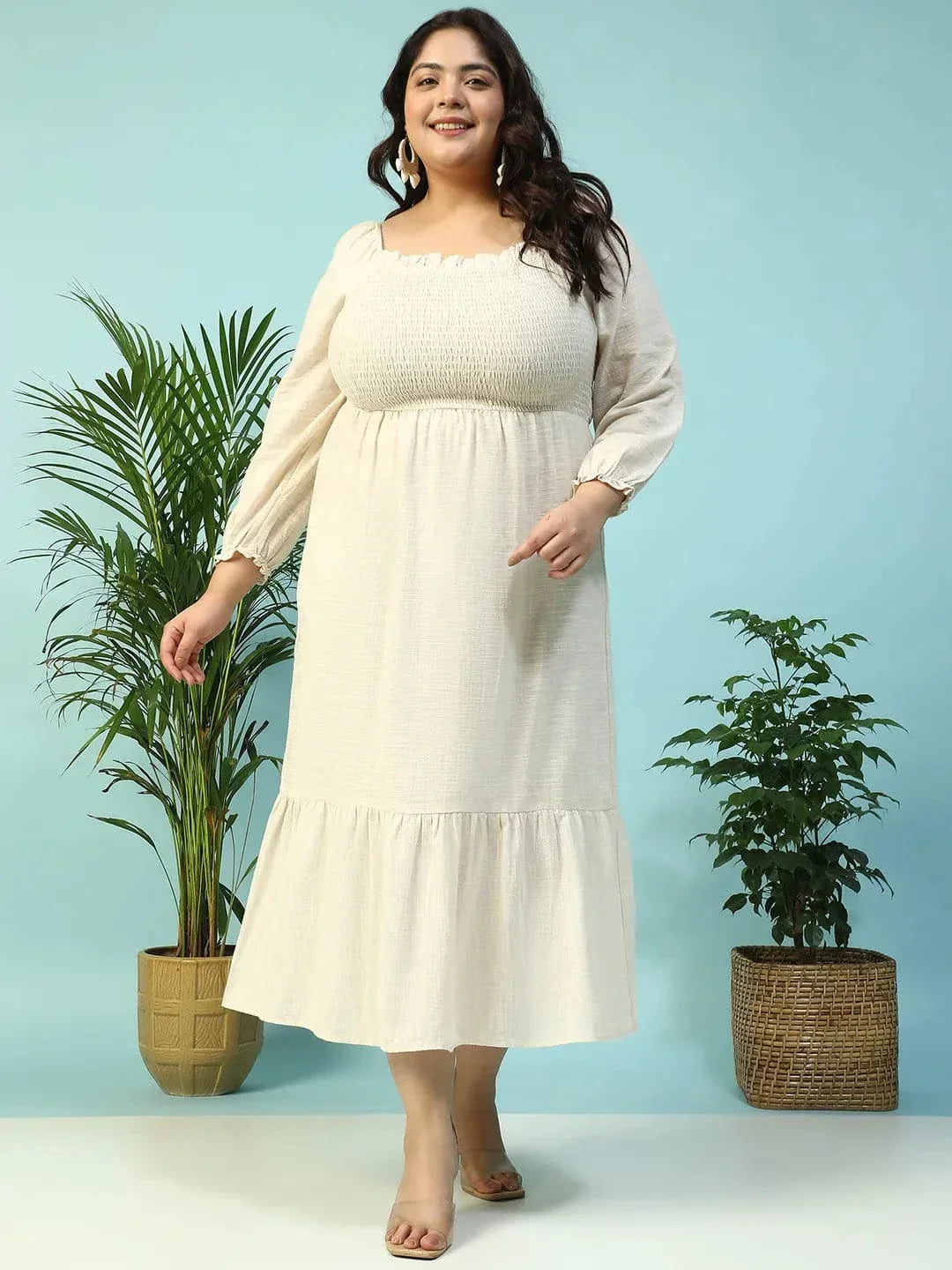Solid Beige Long Sleeve Plus Size Women Long Cotton Dress - oxolloxo