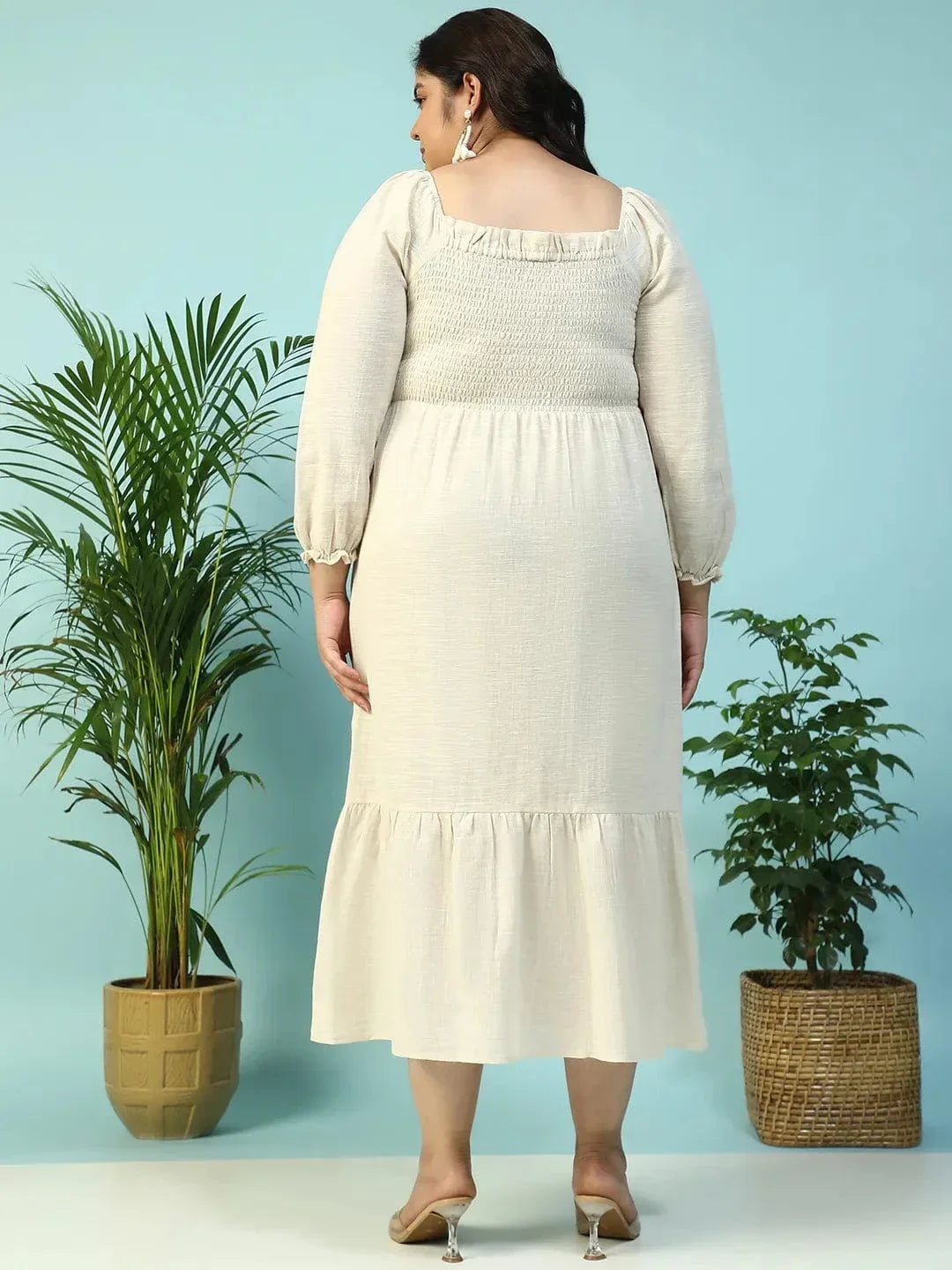 Solid Beige Long Sleeve Plus Size Women Long Cotton Dress - oxolloxo