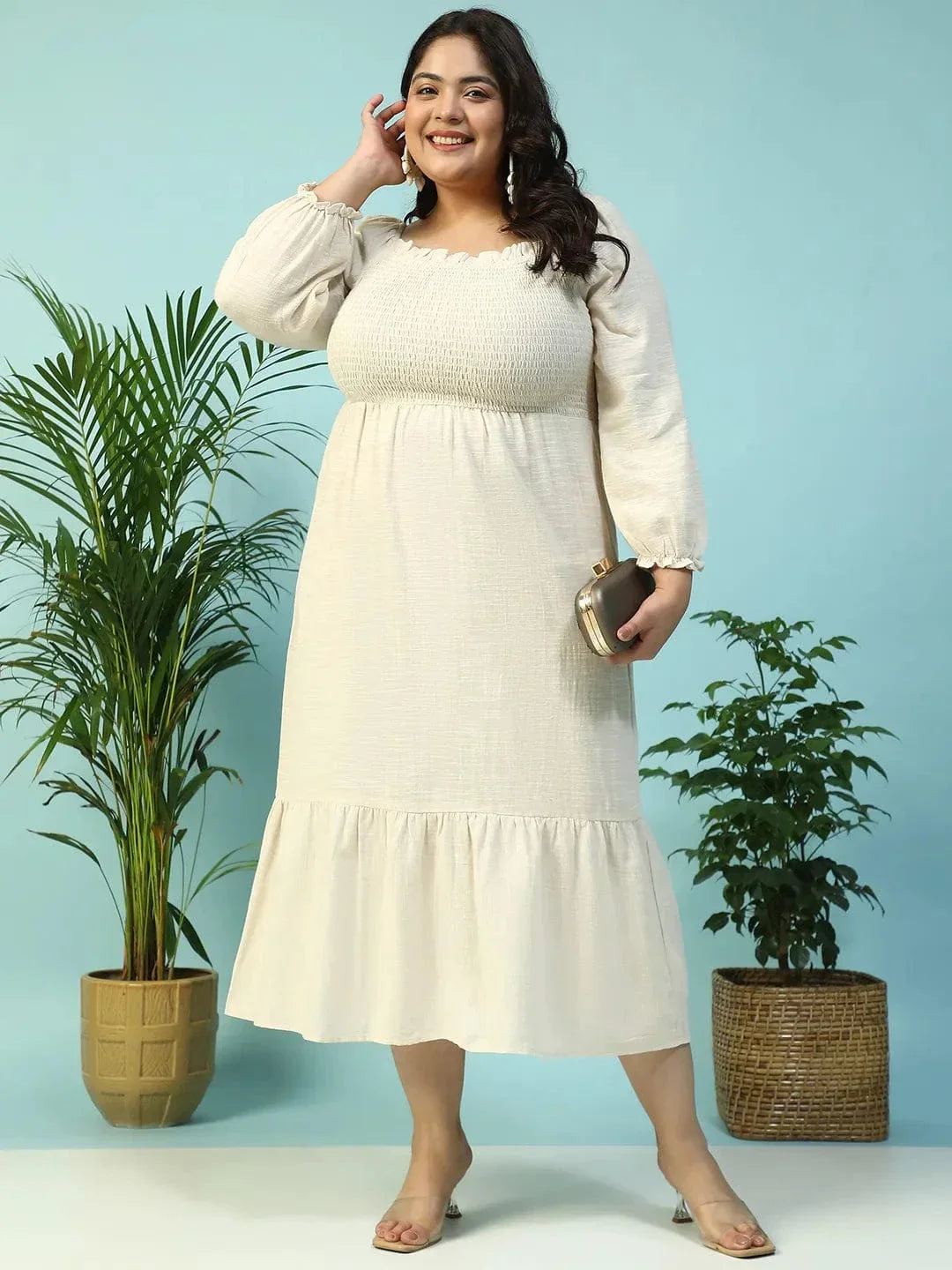 Solid Beige Long Sleeve Plus Size Women Long Cotton Dress - oxolloxo