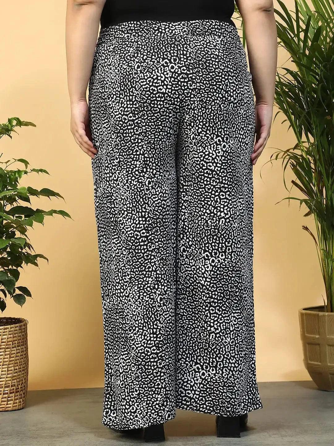 Moonless Black Animal Print Flared Elasticated Waist With Tie-Up Detail Plus Size Women Pant - oxolloxo