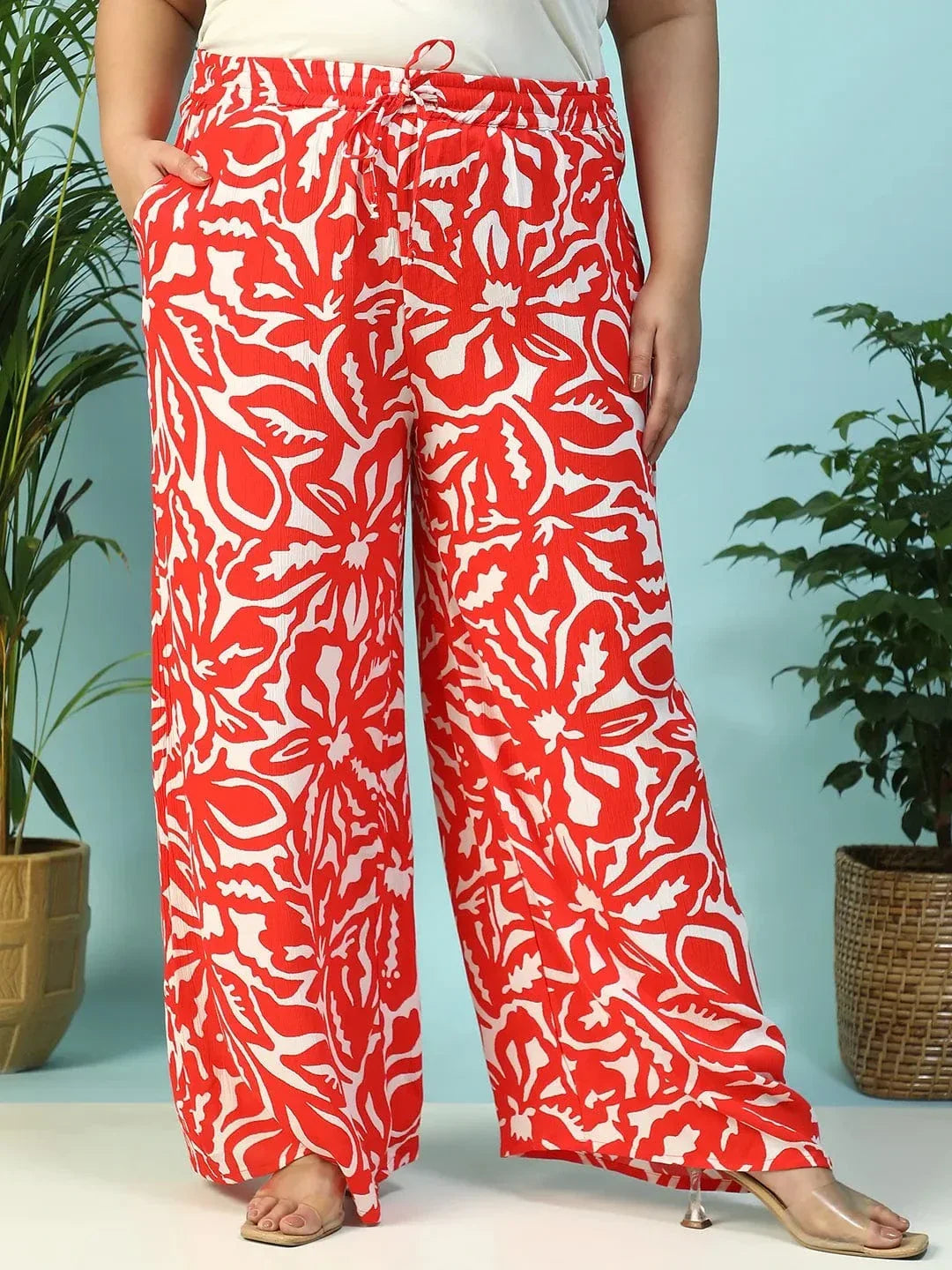 Ruby Red Floral Print Flared Elasticated Waist With Tie-Up Detail Plus Size Women Pant - oxolloxo