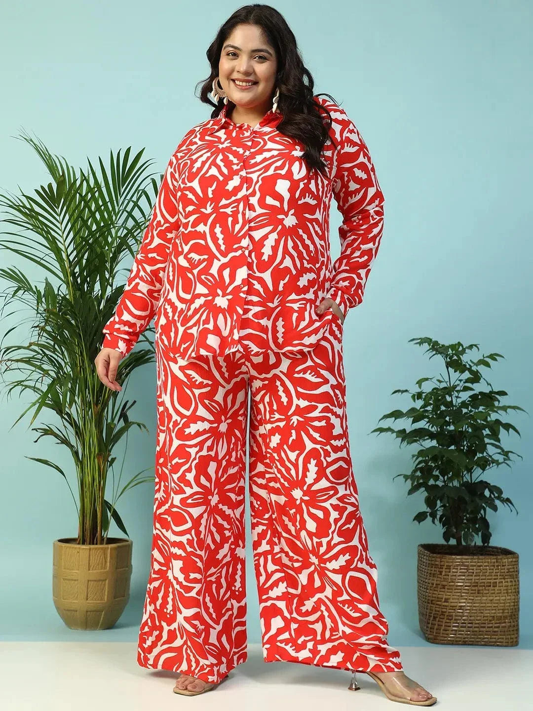 Ruby Red Floral Print Flared Elasticated Waist With Tie-Up Detail Plus Size Women Pant - oxolloxo